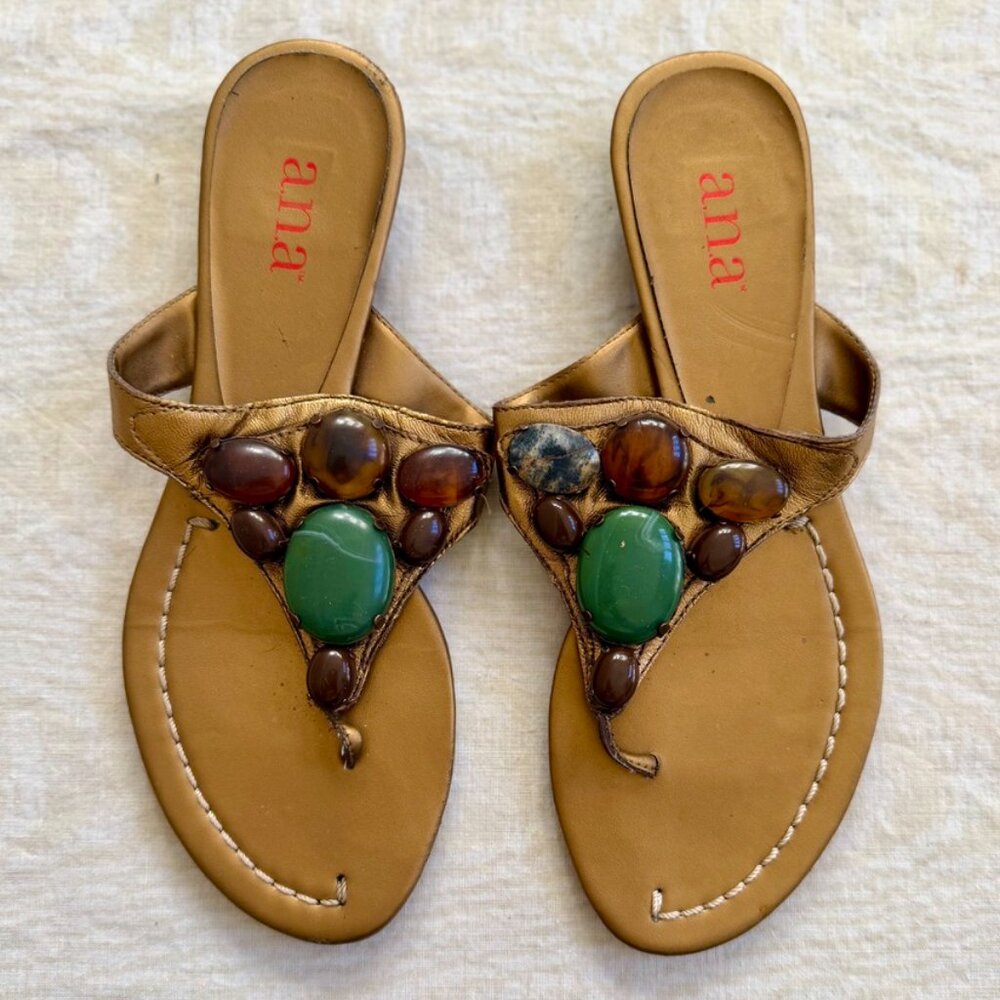a.n.a Gold Leather Gemstone Thong Sandals Boho Beaded Size 7.5